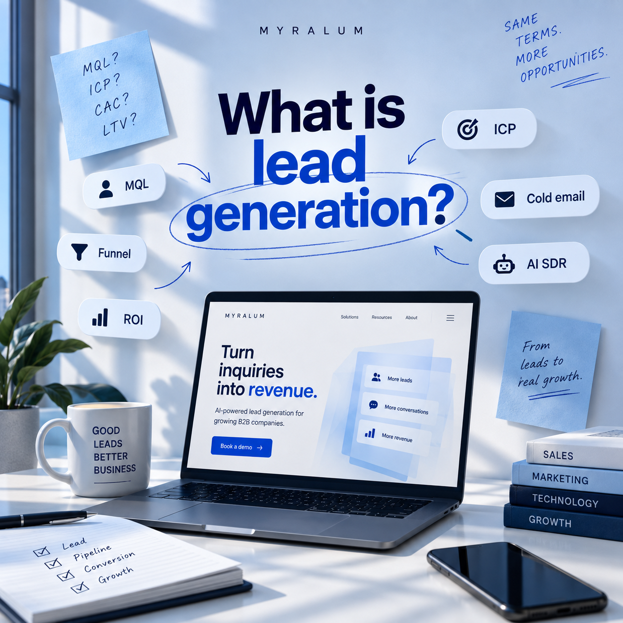Lead generation'i sõnastik, mis selgitab müügi, turunduse ja AI-ga seotud termineid nagu MQL, SQL, CRM ja ICP.