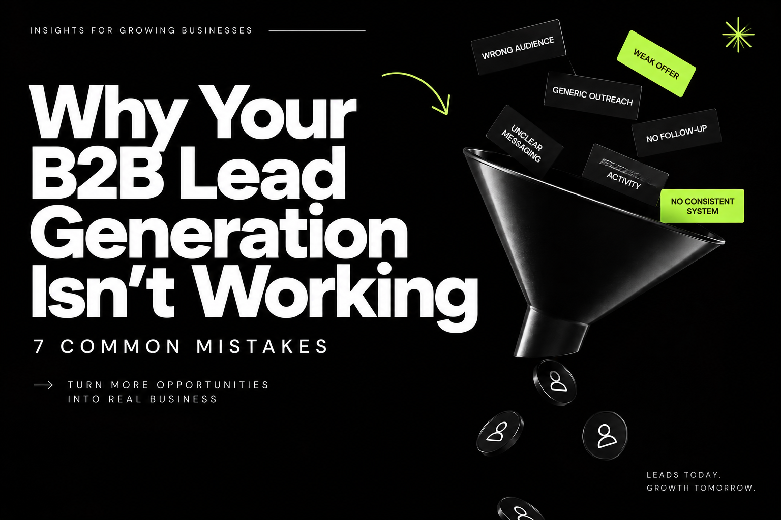 B2B lead generation funnel showing seven common mistakes that cause businesses to lose potential leads